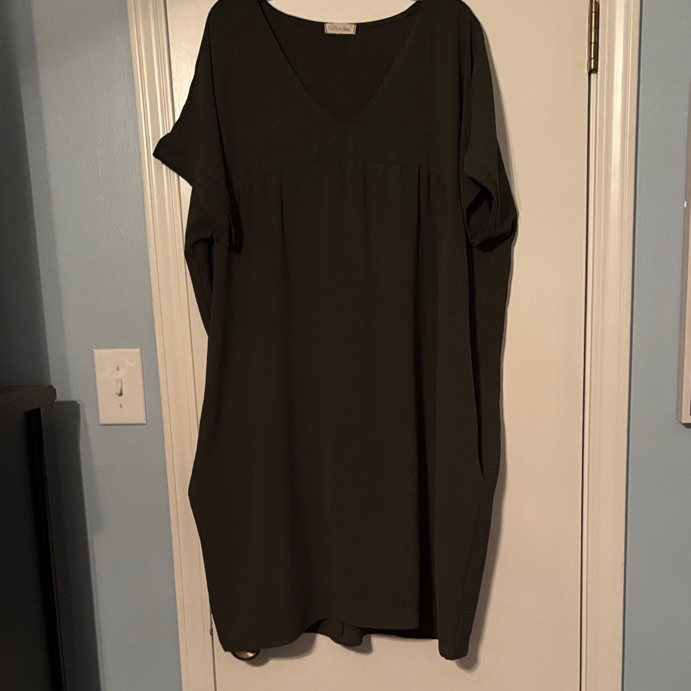 Olive Green V-Neck Shift Dress - Cotton Bleu